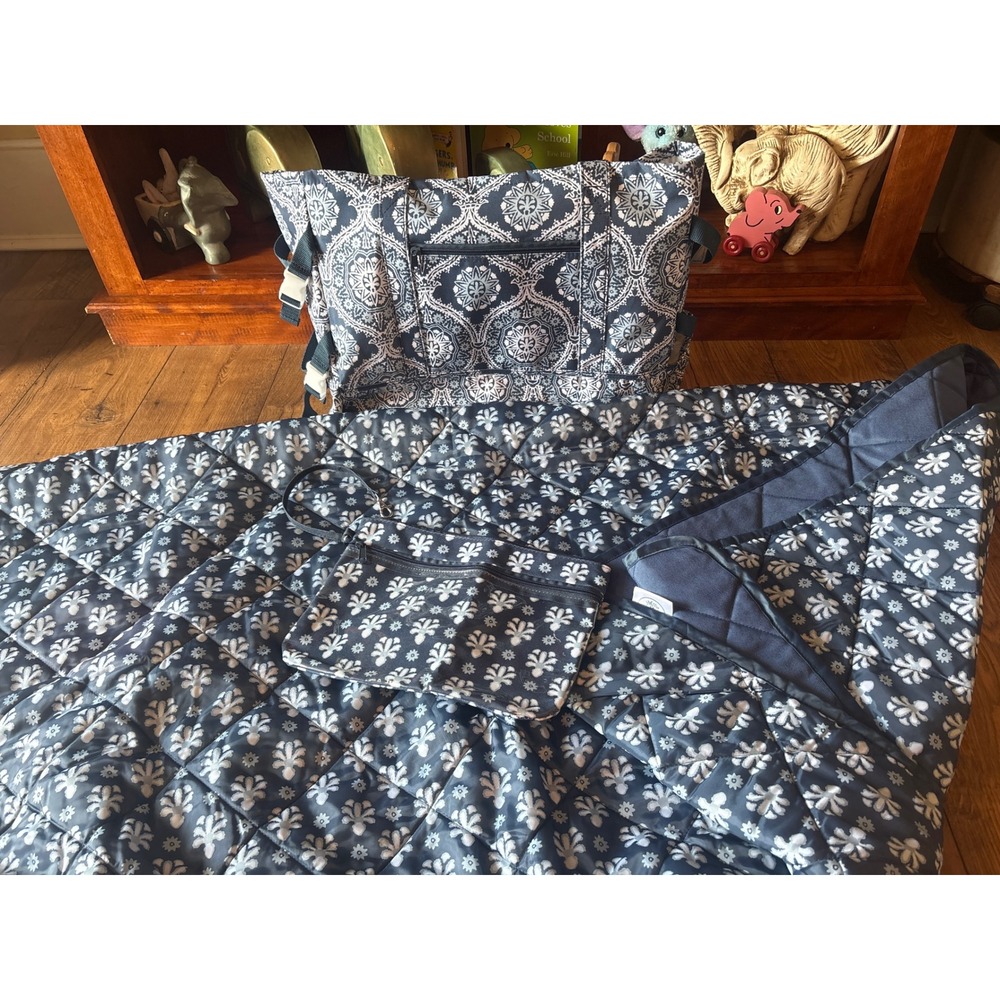 Vintage Laura Ashley Navy White Floral Picnic Blanket Tote Bag and Pouch Set